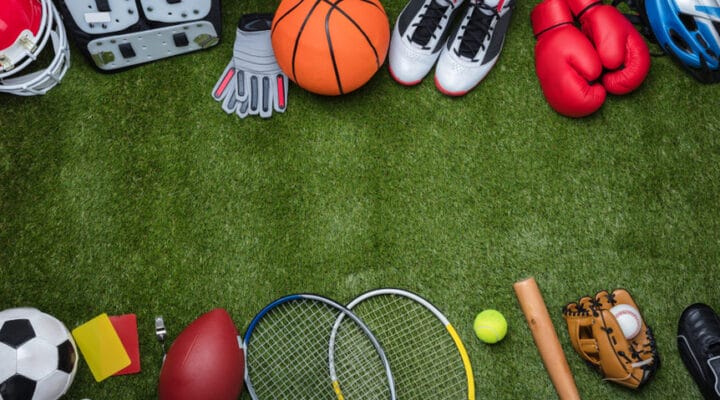 Top view of various sports equipment.