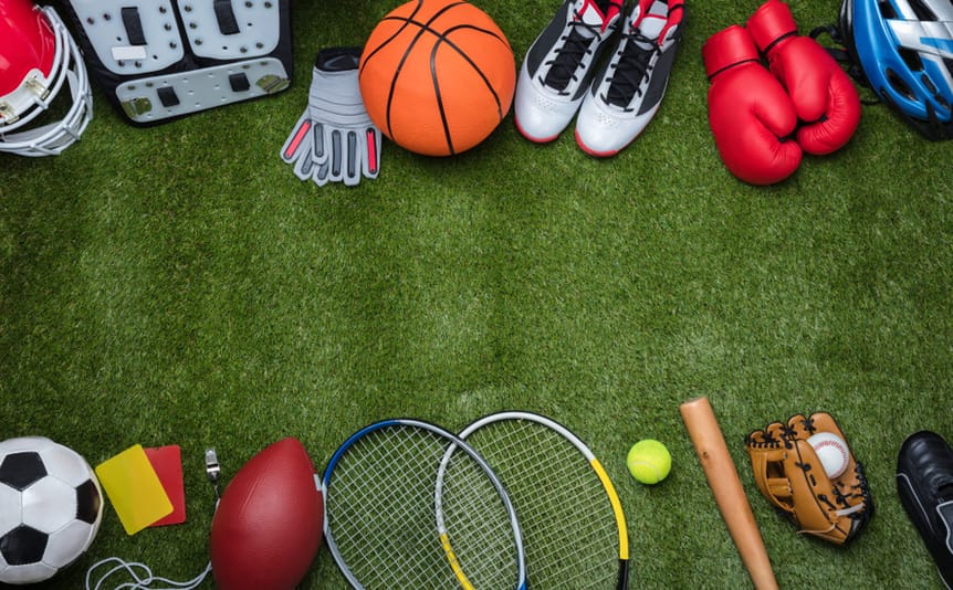 Top view of various sports equipment.