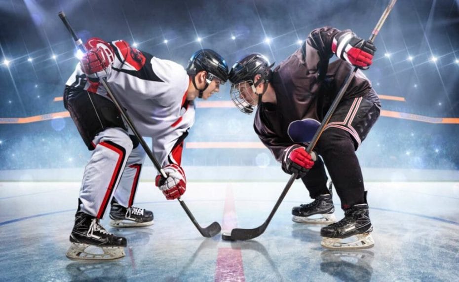 Two ice hockey players face off.