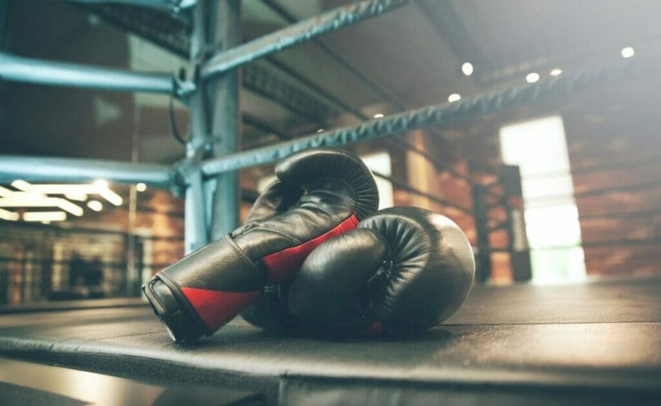 Boxing gloves placed on a boxing ring mat.