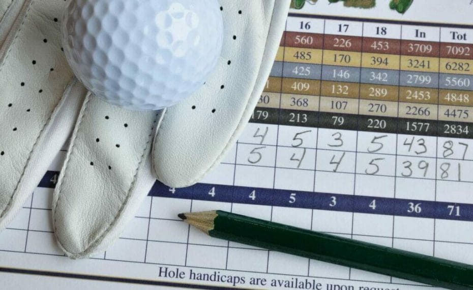 A golf scorecard with a golf glove and ball.