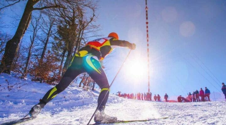 A Nordic skier on the ice track during winter.