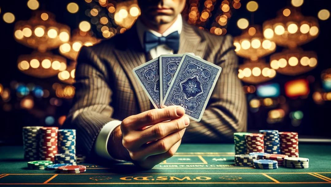 An image of a man sitting at a poker table, in a suit, holding 3 poker cards, with patterned back facing viewer, fanned in front of him.