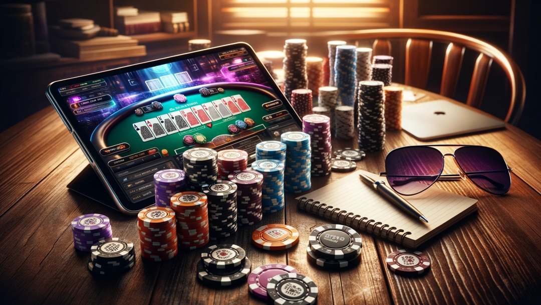 Poker chips stacked on a table next to a notebook and pen in front of a tablet with a poker game on the screen