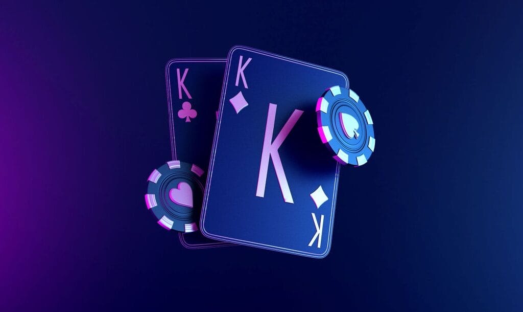 3D rendering of playing cards and two casino chips.