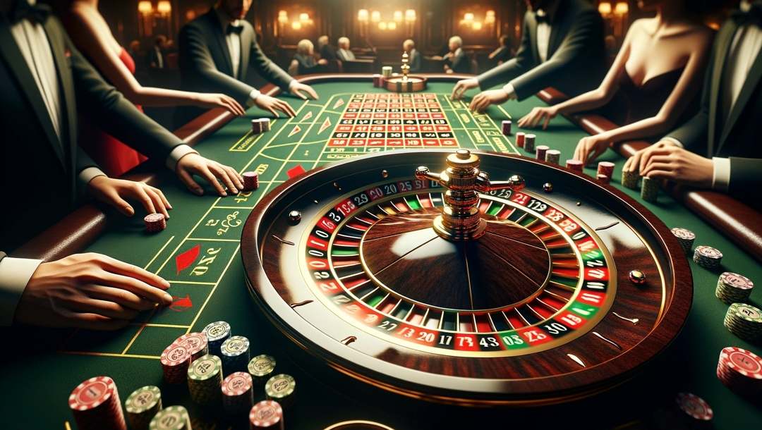 Ä roulette table with the wheel, some chips and players' hands visible