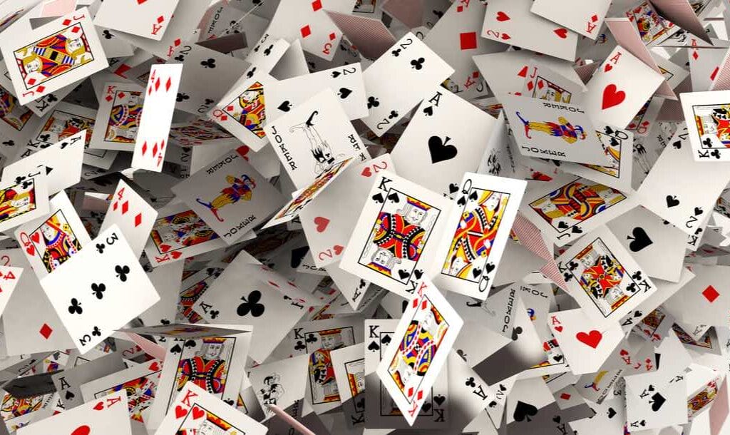 3D rendering of falling playing cards.