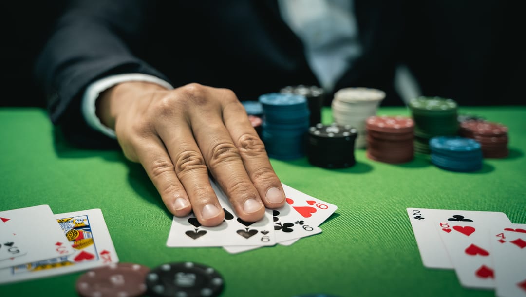 A player with three nines in their hand at the poker table.