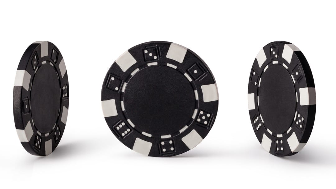 Different angles of a black poker chip featured against a white background.
