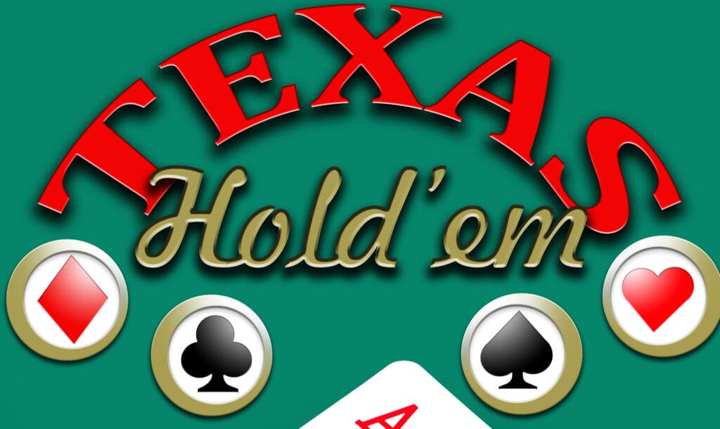 Texas Hold’em on a green background surrounded by playing-card icons.