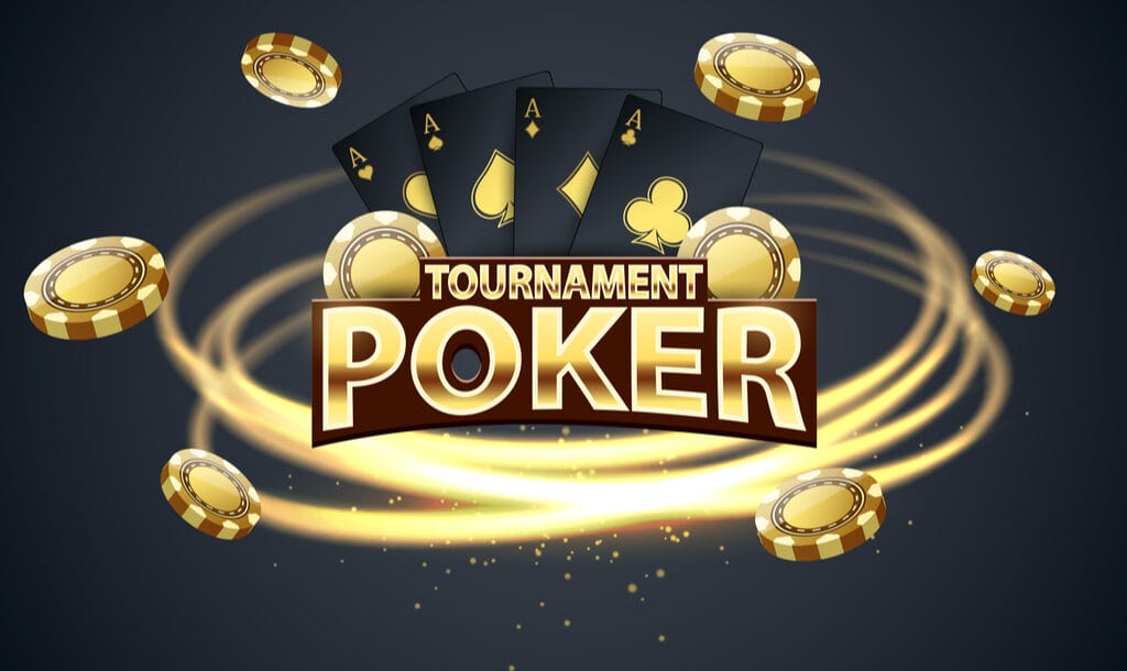The words “Tournament Poker” surrounded by playing cards and gold poker chips.