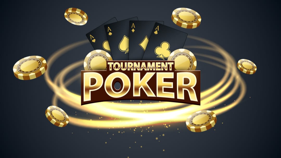 The words “Tournament Poker” surrounded by playing cards and gold poker chips.