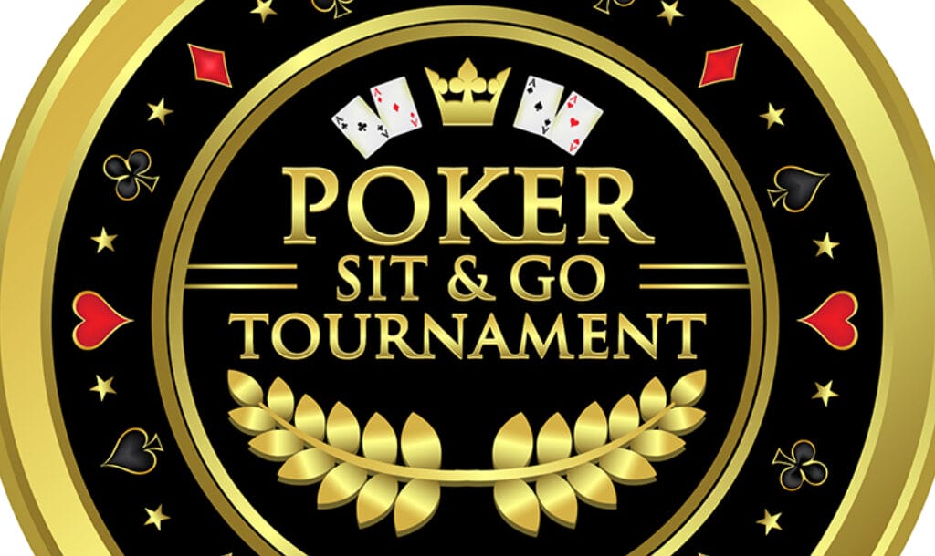 A vector image of the words “Poker Sit & Go Tournament” on a black and gold poker chip.