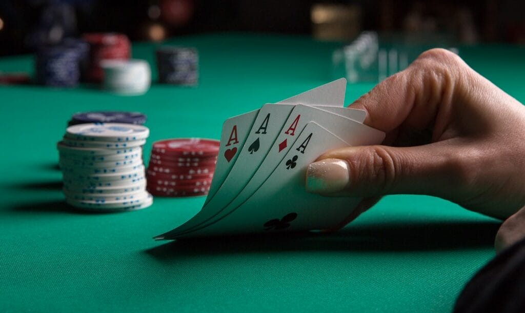 A woman holding a poker hand at the table with casino chips in the background.