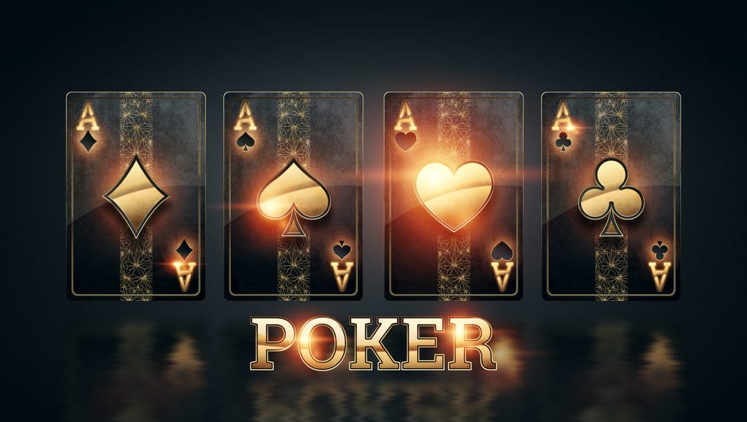 3D casino concept with black and gold poker cards and the word poker below it.