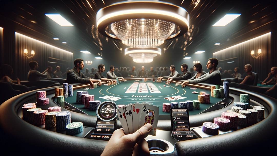 A hand holding cards in front of a screen where people are playing a live poker game around a table.