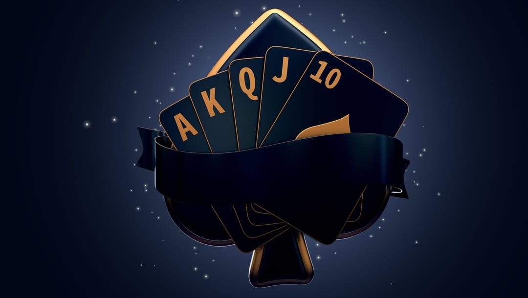 3D rendering of gold and black playing cards featured against a large spade icon.