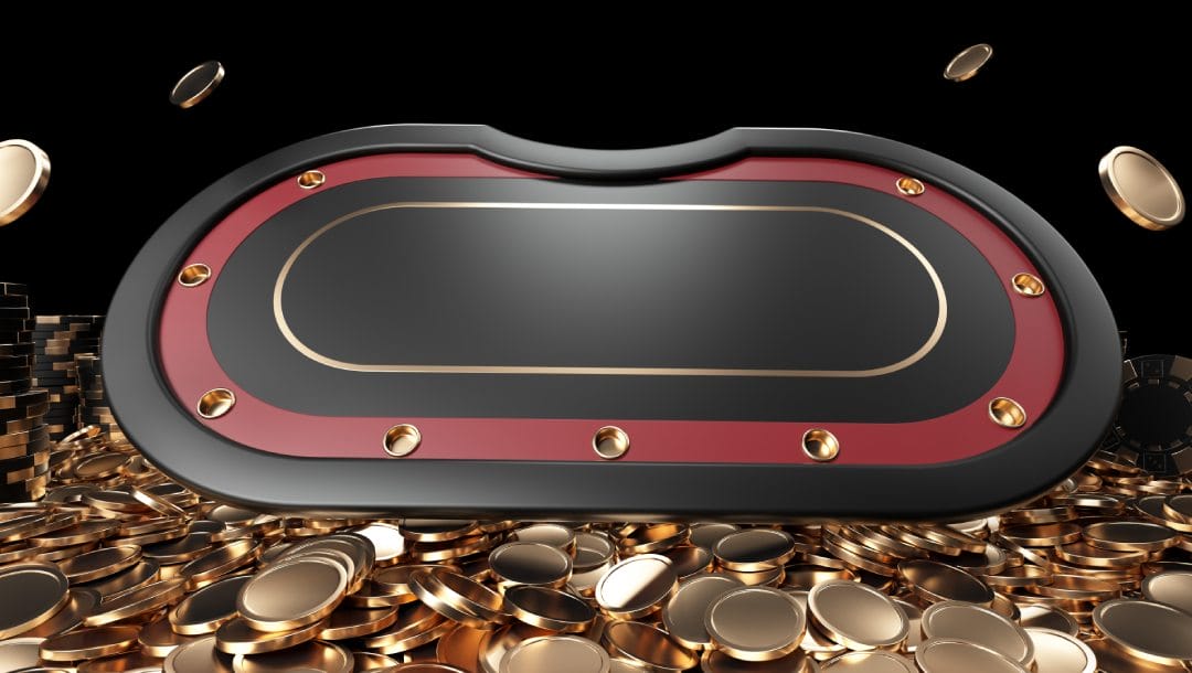 Black and gold poker chips on the side of a dark red, black, and gold poker table top floating above gold coins.