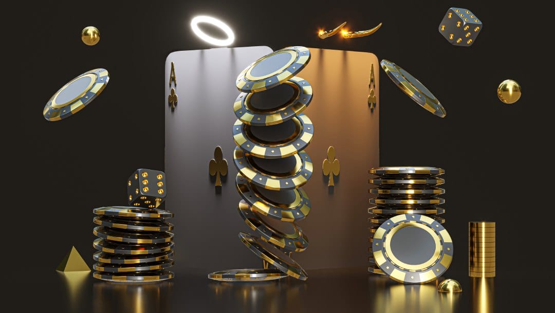 Casino chips, playing cards and dice against a black background.