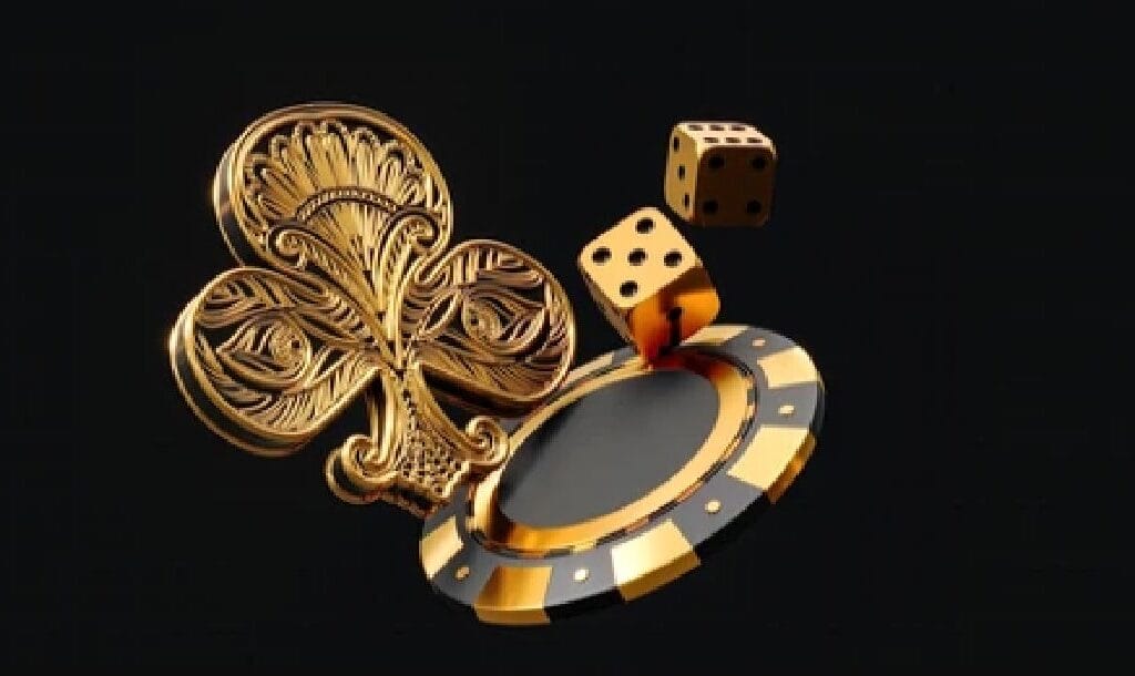 3D illustration of a black and gold casino chips and dice next to a detailed gold clubs symbol.