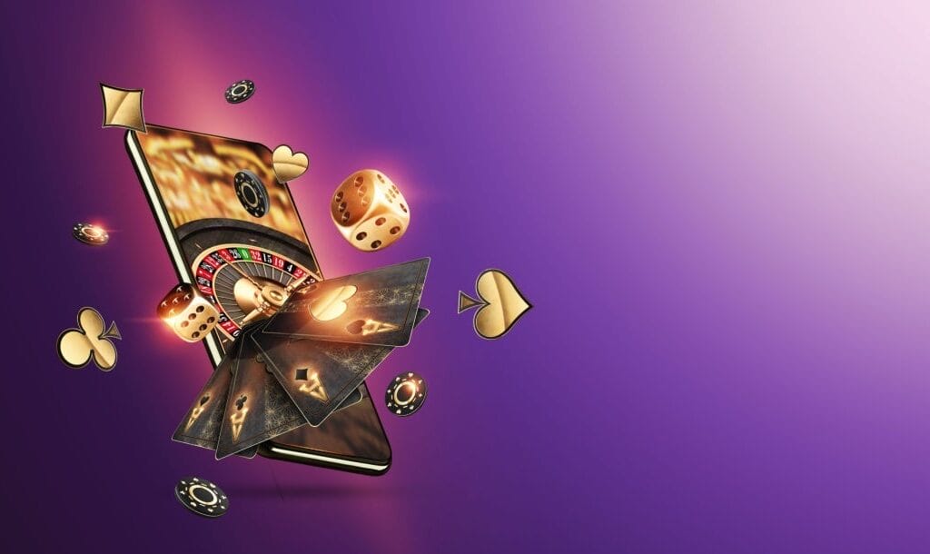 Vector illustration of various casino elements bursting out of a smartphone screen.