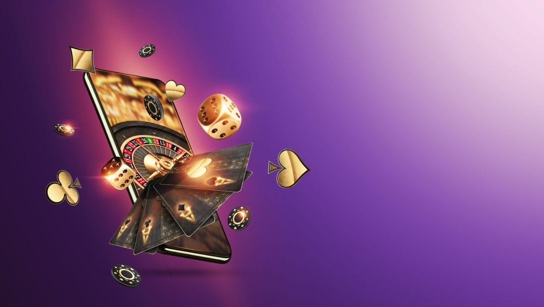 Vector illustration of various casino elements bursting out of a smartphone screen.