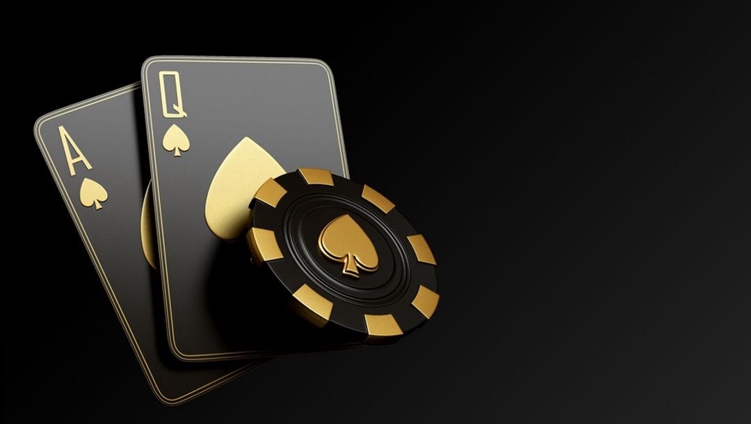 Black and gold poker cards and chips.