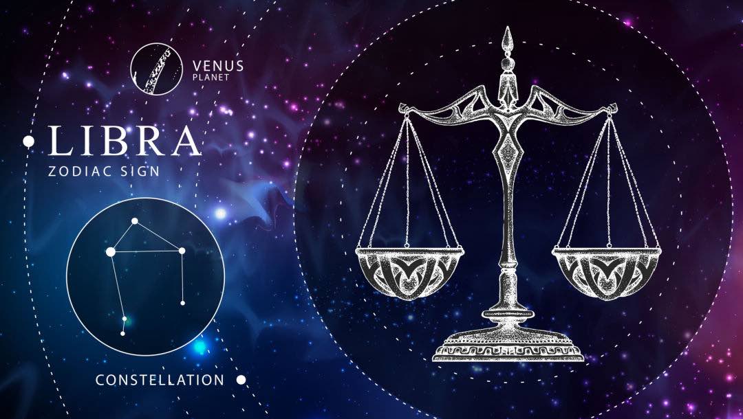 Libra astrology chart pictured over a space-theme background featuring a large scale.