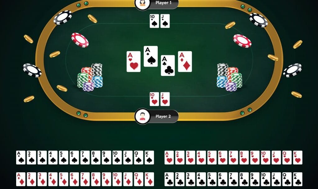 Aerial view of an online poker table.