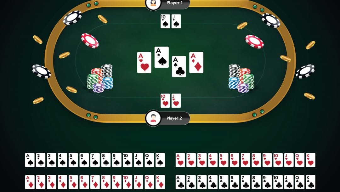 Aerial view of an online poker table.