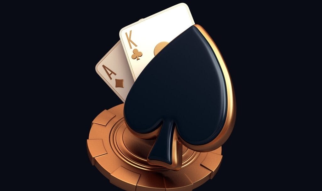 A 3D rendered image of the spade card suit with a poker chip, an ace of diamonds and a king of clubs behind it.