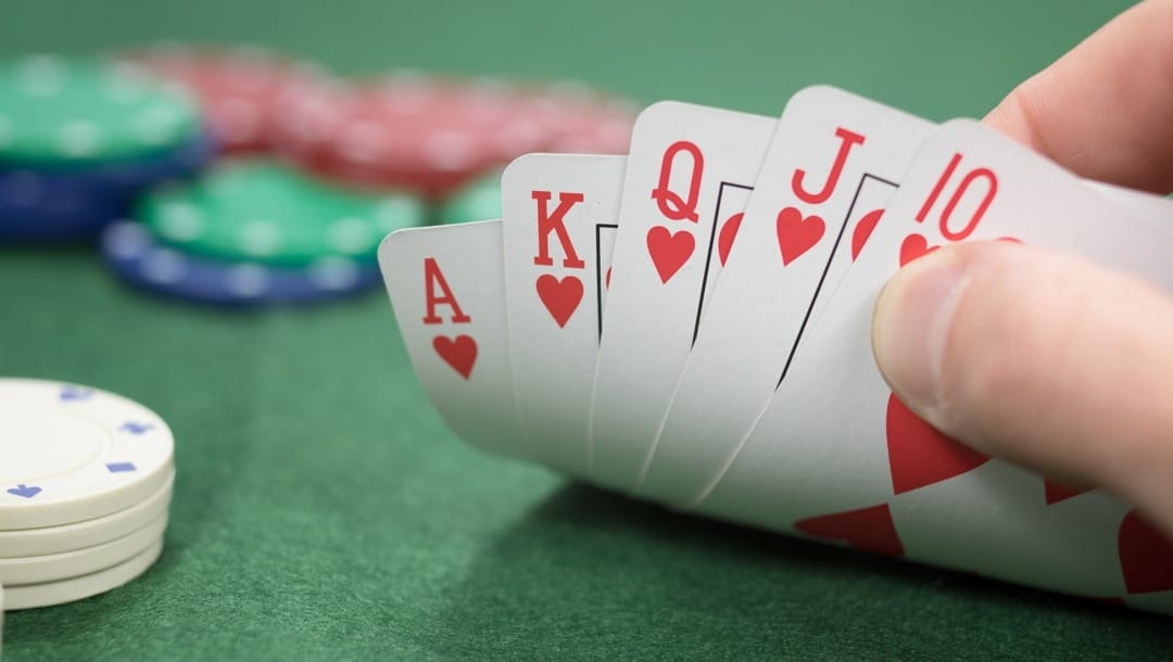 A poker player checks their hole cards with poker chips in the background. They have a royal flush.