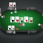 An online poker game table with a game in progress.