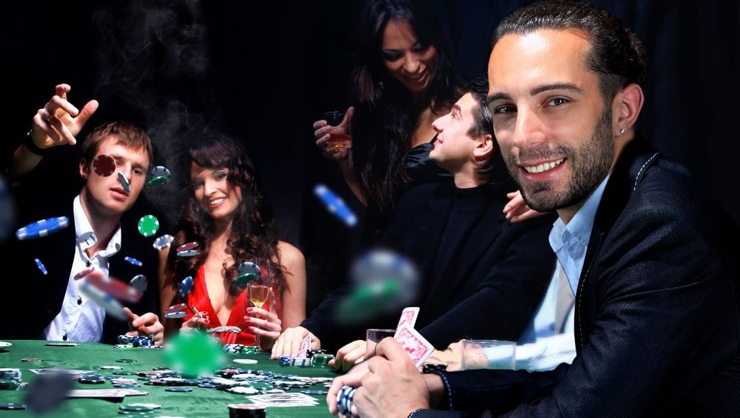 five people are sitting around a green felt poker table in a casino, one man sitting next to a smiling lady throws a handful of poker chips, a couple are looking at each other while the woman is standing holding a drink and the man on the end is looking to his side and smiling towards the camera