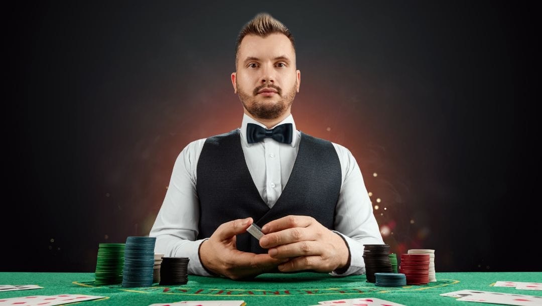 a dealer wearing a formal vest and bowtie is sitting at a blackjack poker table holding playing cards with poker chips stacked in front of him