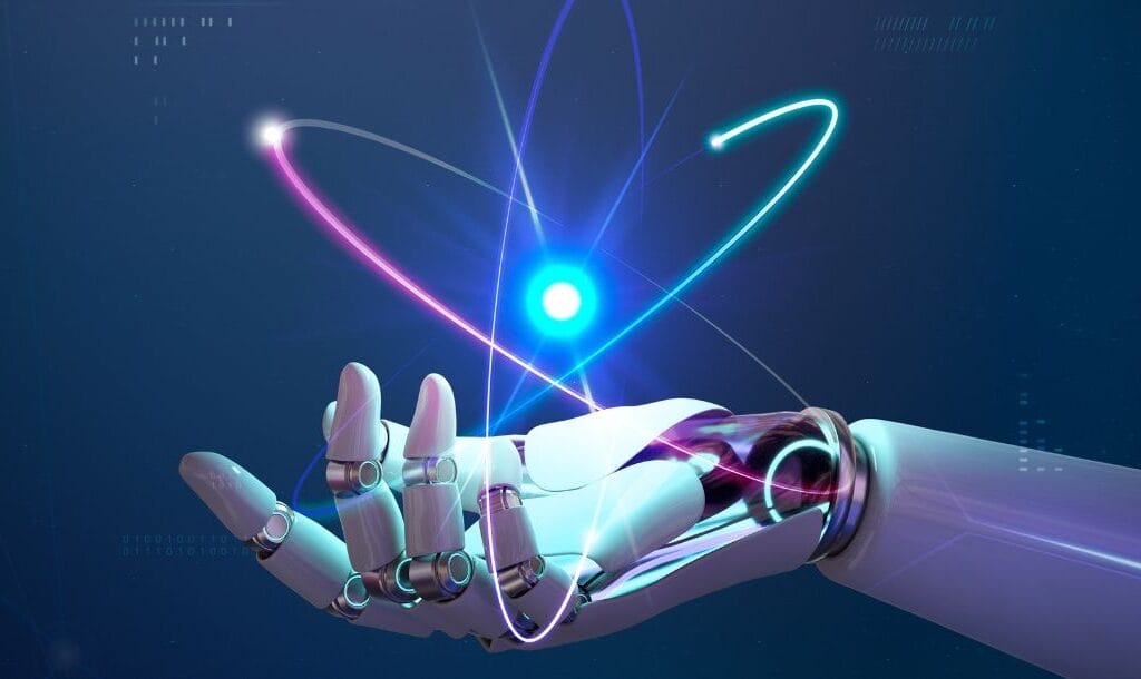 a robotic arm and hand with its palm facing up and a nebula light orb above it