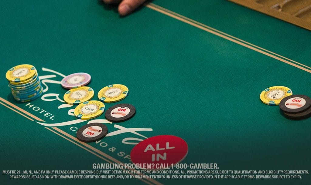 A green poker table with stacked chips, including yellow, blue, and red denominations, and an "All In" button, suggesting a high-stakes game.