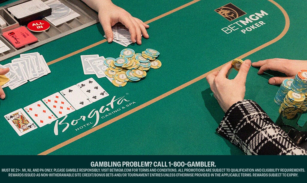 Poker game in progress at a Borgata Hotel Casino & Spa table, branded with BetMGM Poker. Two players are visible with large stacks of chips, and community cards are dealt on the table. One player has gone "All In" as indicated by a red chip.