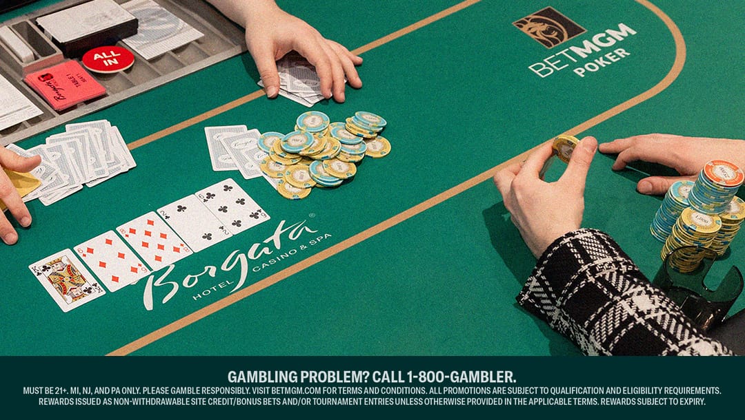 Poker game in progress at a Borgata Hotel Casino & Spa table, branded with BetMGM Poker. Two players are visible with large stacks of chips, and community cards are dealt on the table. One player has gone "All In" as indicated by a red chip.