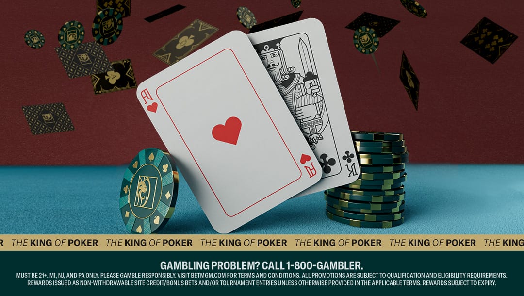 Two playing cards and casino chips on a turquoise felt table. The background is maroon with black and gold playing cards floating in the air. There is a banner below the image with black and white text.