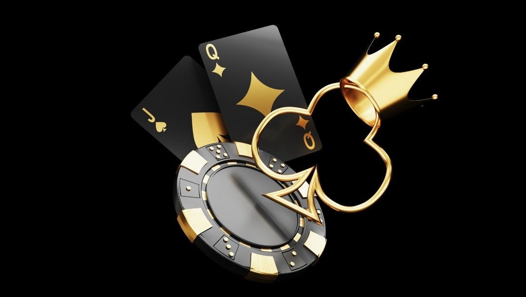 A black and gold vector image featuring the club symbol wearing a crown, two playing cards, and a single poker chip.