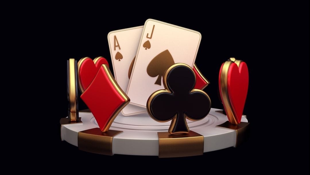 Playing cards featured on a large casino chip surrounded by card suites.