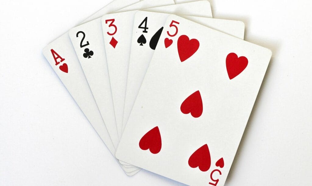 A poker hand with five cards. The hand consists of an ace, 2, 3, 4, and 5.