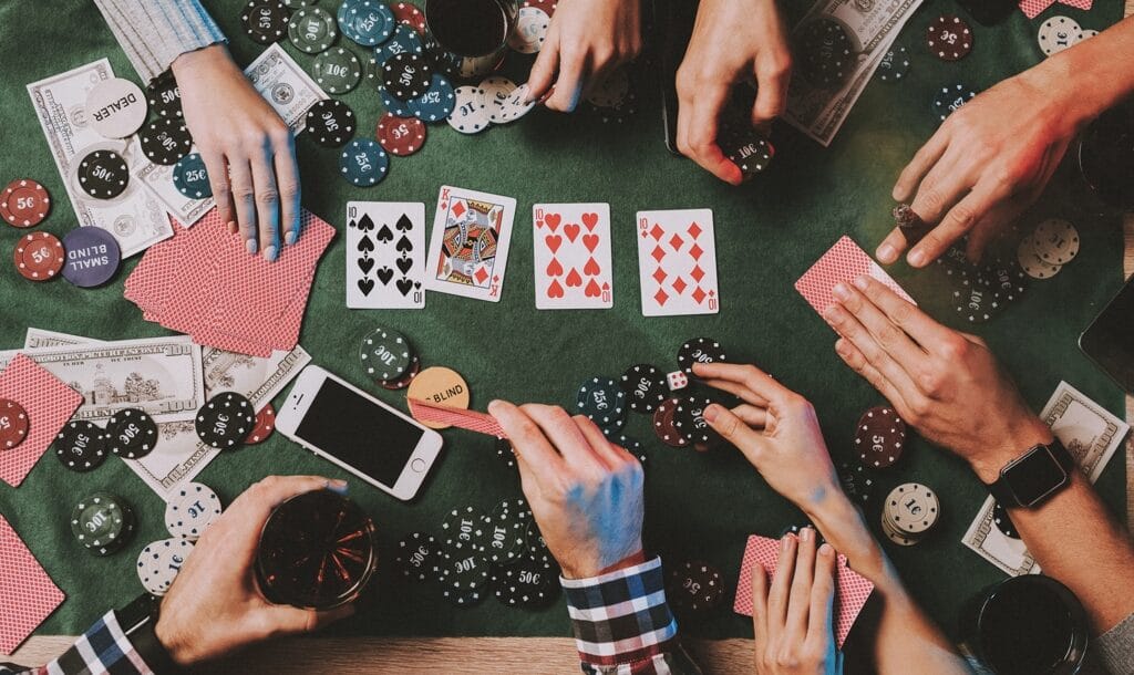 Birds eye view photograph taken in the middle of a poker game
