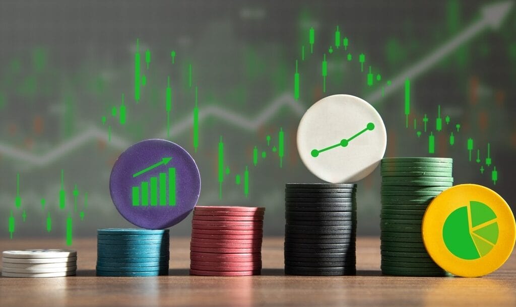 Poker chips decorated with charts and graphs