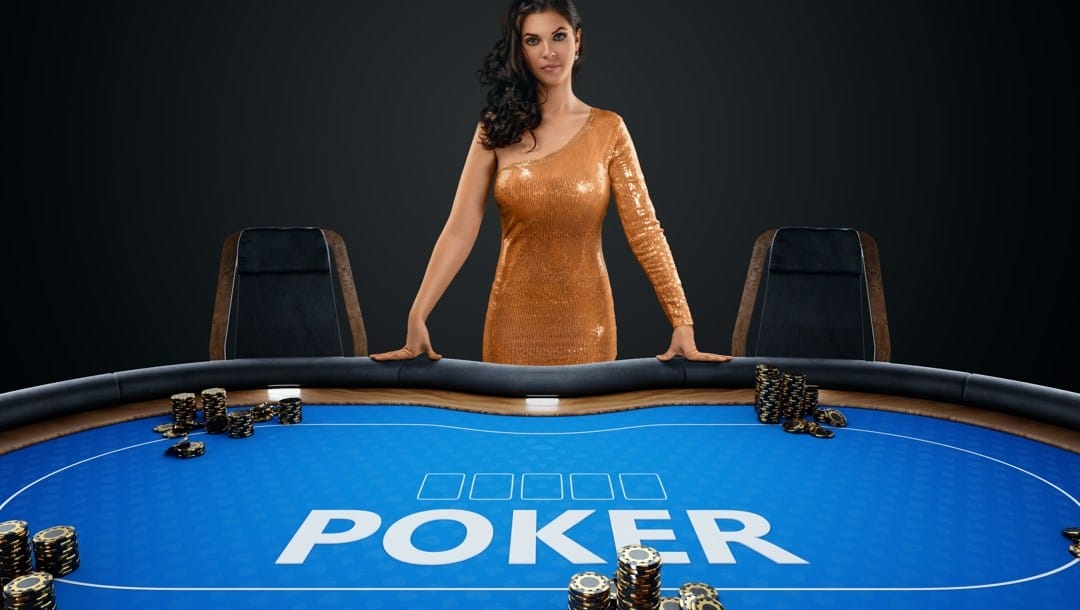 A woman stands behind a blue table with ‘poker’ written on it