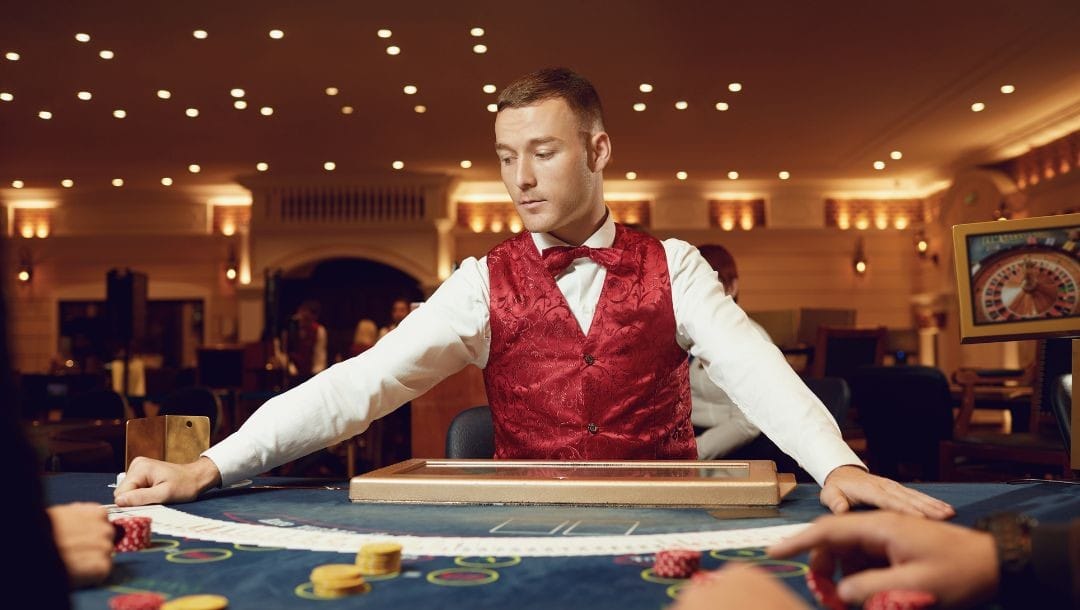A croupier in a red vest and bowtie gazes down at fanned cards.