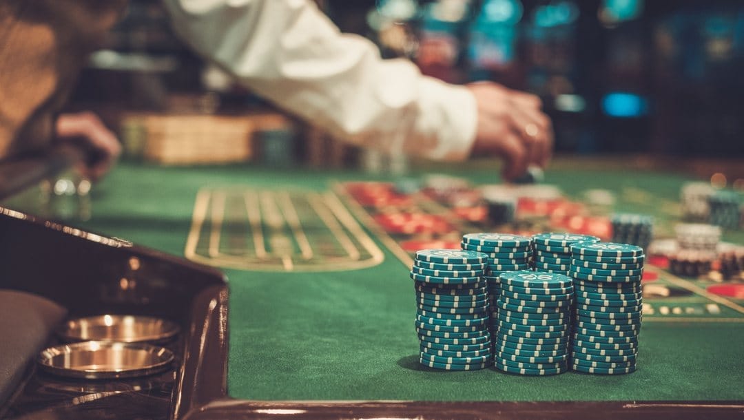A poker table with poker chips