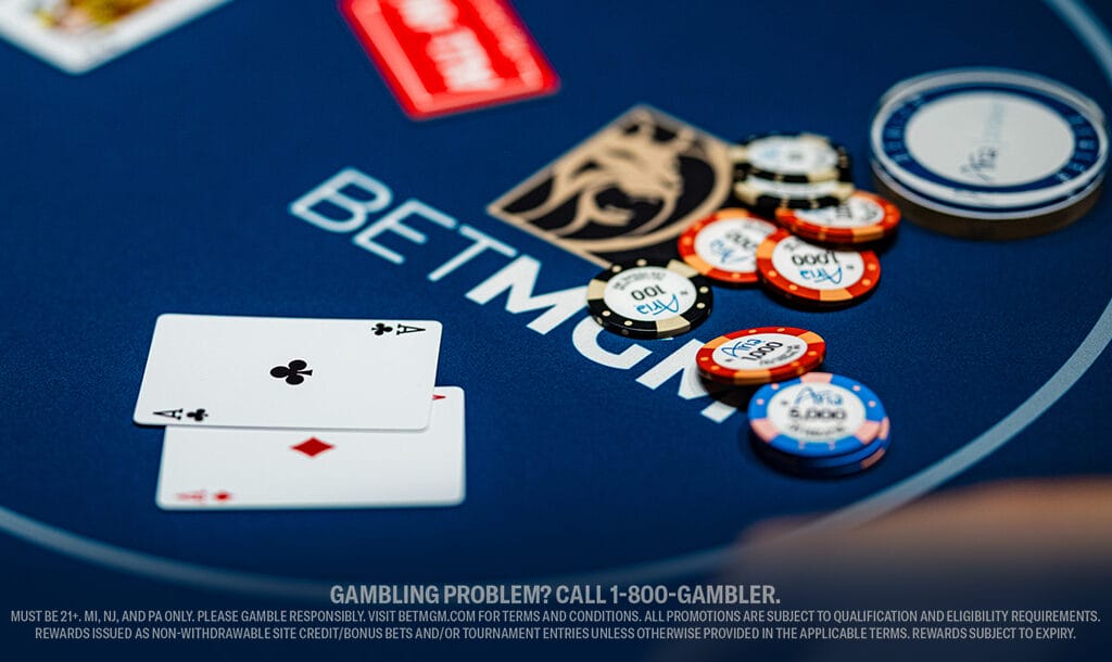A showcasing players engaged in a game with cards and poker chips on the tables.