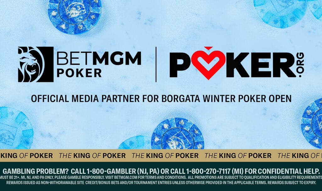 Poker chips on a table with logos and text for a sponsored poker event.